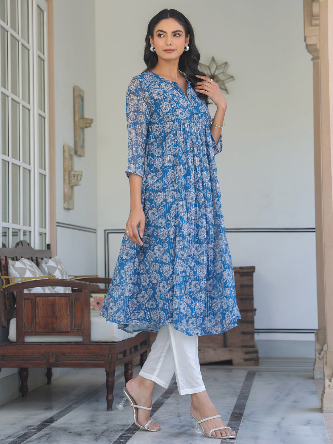 Janasya Women's Blue Chiffon Lurex Floral Printed A-line Kurta - qivii