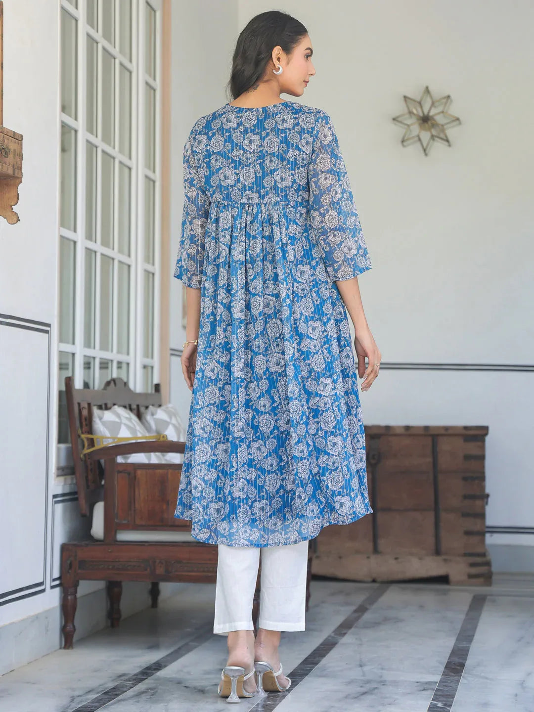 Janasya Women's Blue Chiffon Lurex Floral Printed A-line Kurta