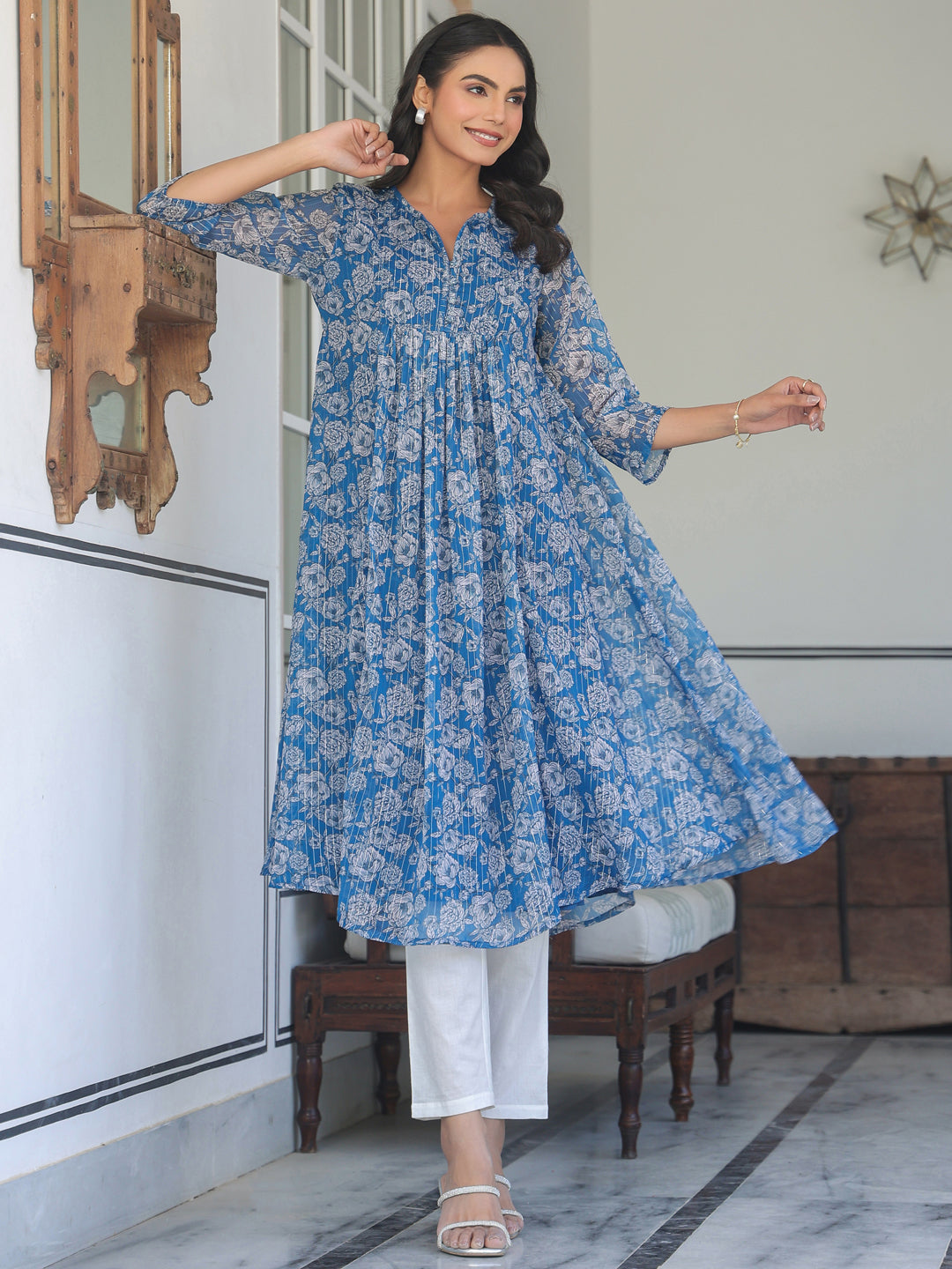 Janasya Women's Blue Chiffon Lurex Floral Printed A-line Kurta - qivii