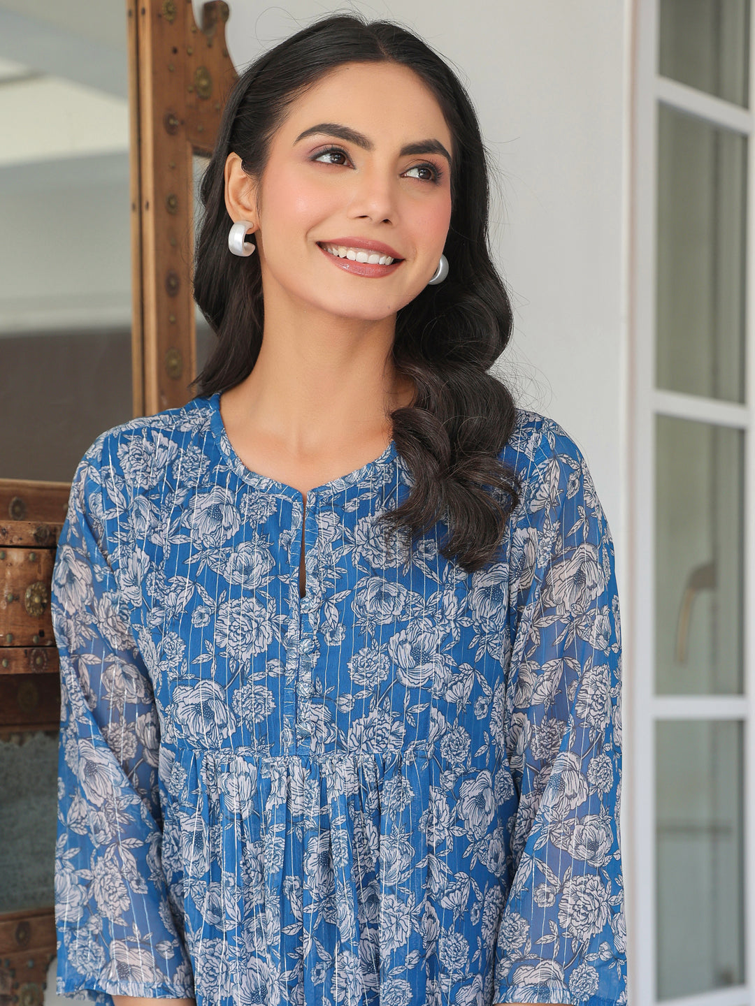 Janasya Women's Blue Chiffon Lurex Floral Printed A-line Kurta - qivii