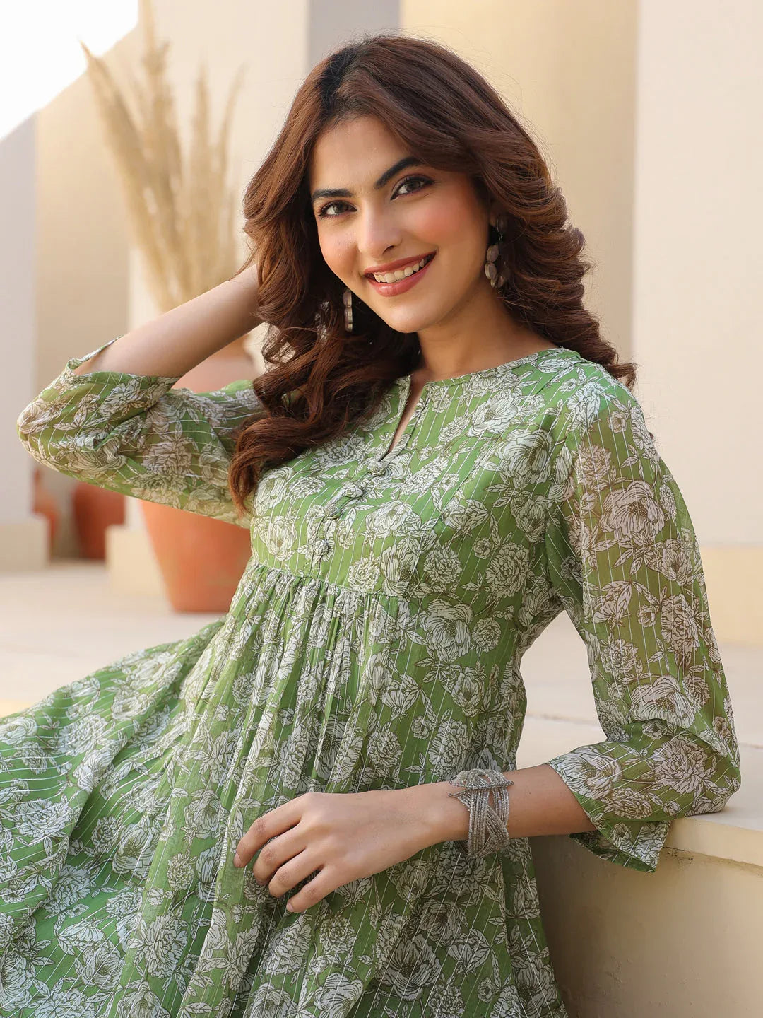 Janasya Women's Green Chiffon Lurex Floral Printed A-line Kurta