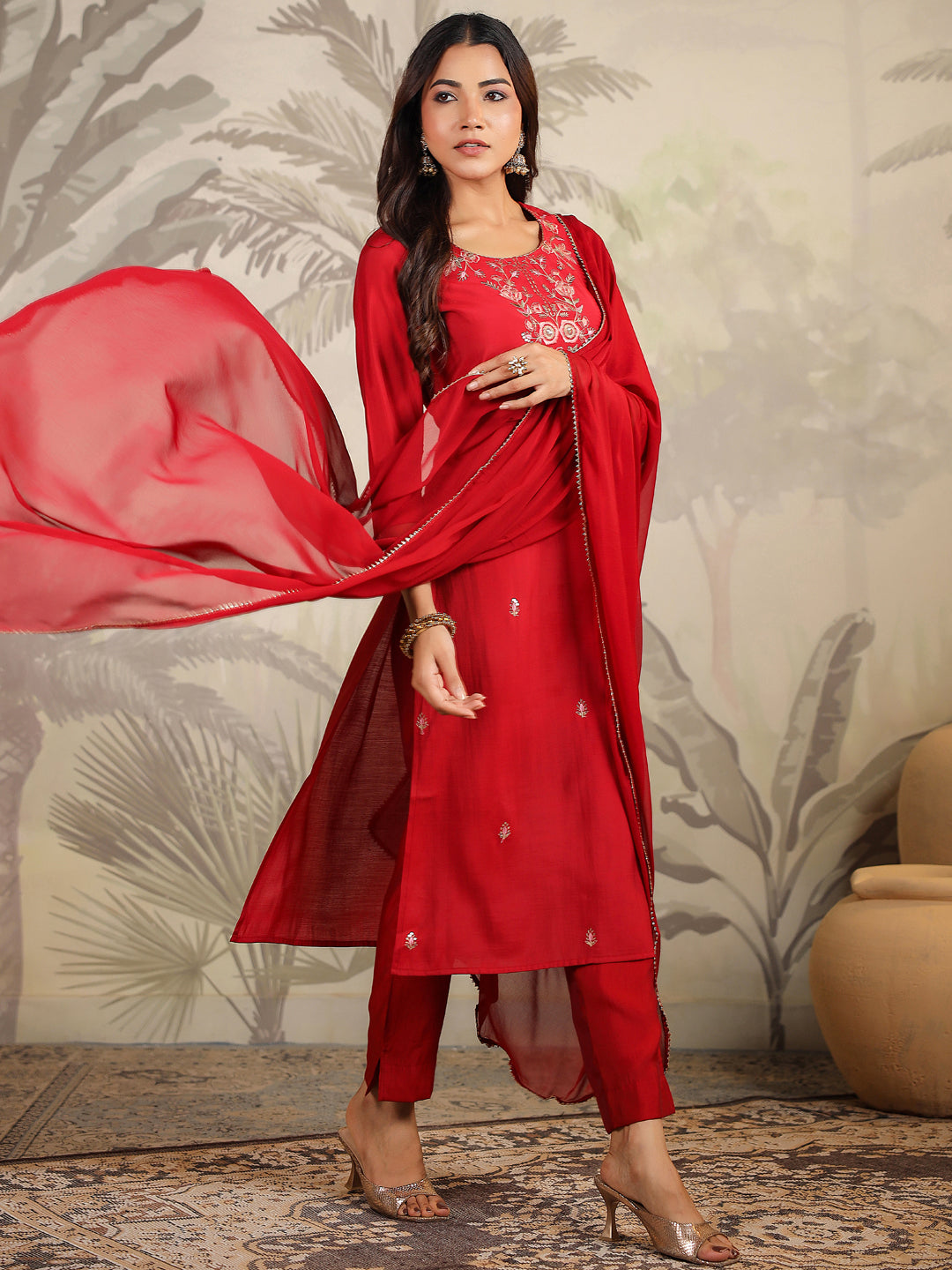 Maroon Chanderi Silk Embroidered Straight Kurta Set - qivii