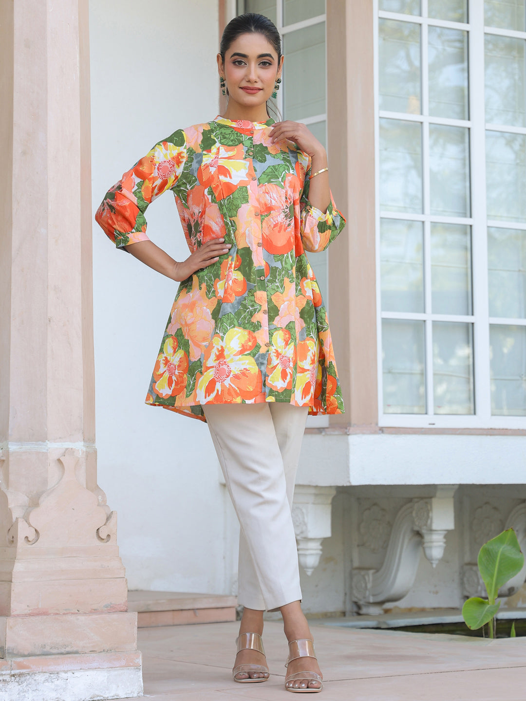 Multicolor Pure Cotton Floral Printed A-line Tunic - qivii