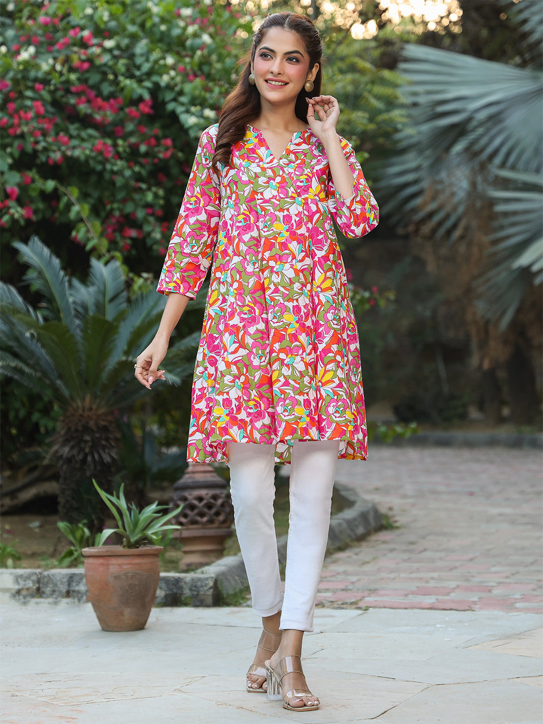 Multicolor Pure Cotton Floral Printed A-line Tunic - qivii