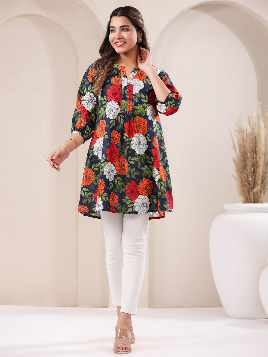 Blue Pure Cotton Floral Printed A-Line Tunic - qivii