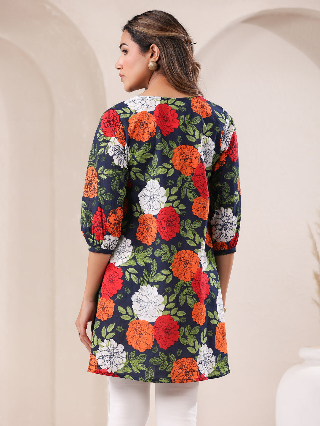 Blue Pure Cotton Floral Printed A-Line Tunic - qivii