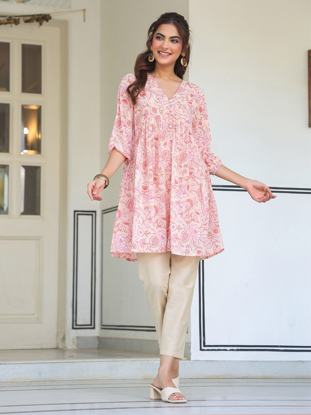 Peach Georgette Floral Printed Gathered Tunic - qivii