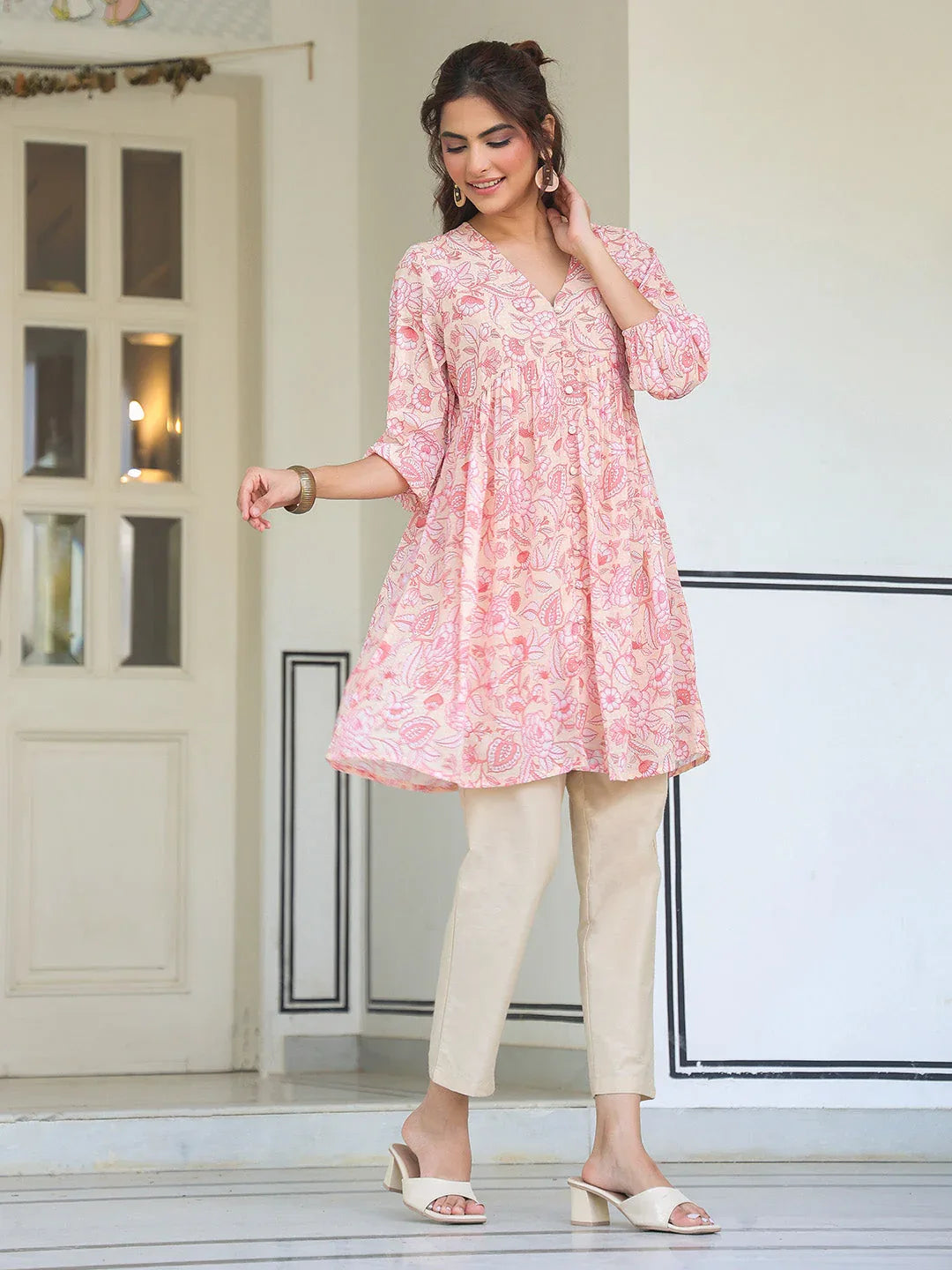 Peach Georgette Floral Printed Gathered Tunic