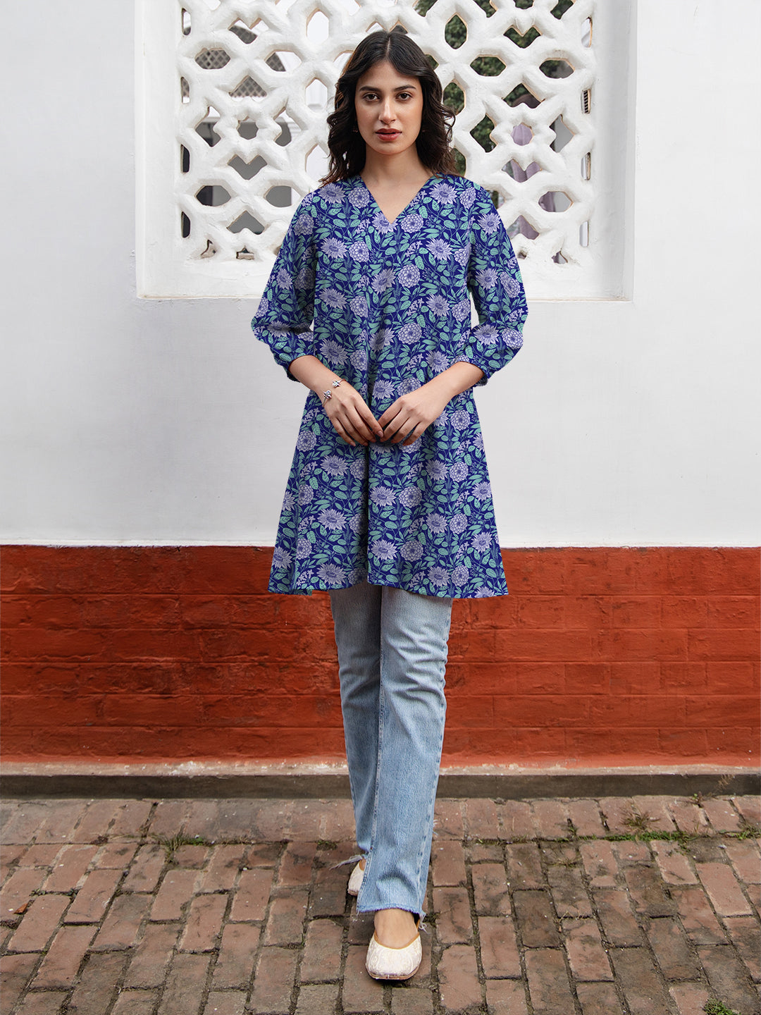 Blue Georgette Floral Printed A-Line Tunic - qivii