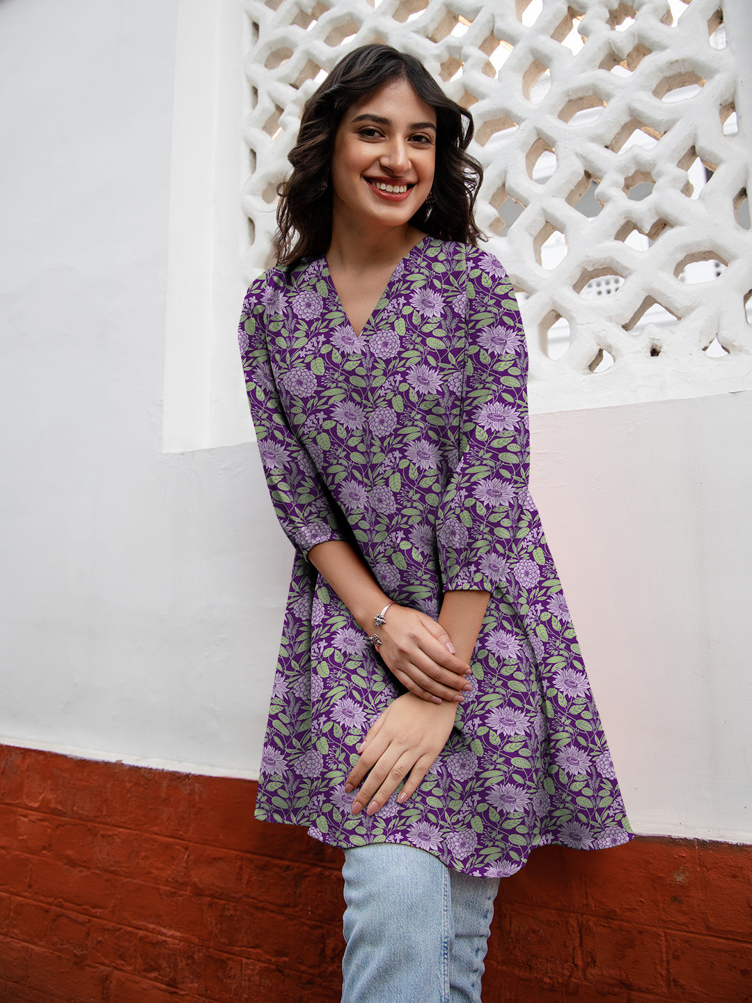 Purple Georgette Floral Printed A-Line Tunic - qivii