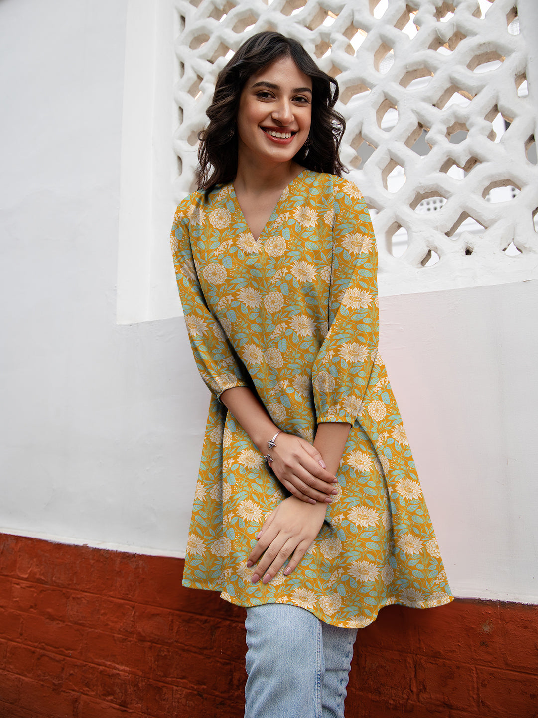 Mustard Georgette Floral Printed A-Line Tunic - qivii