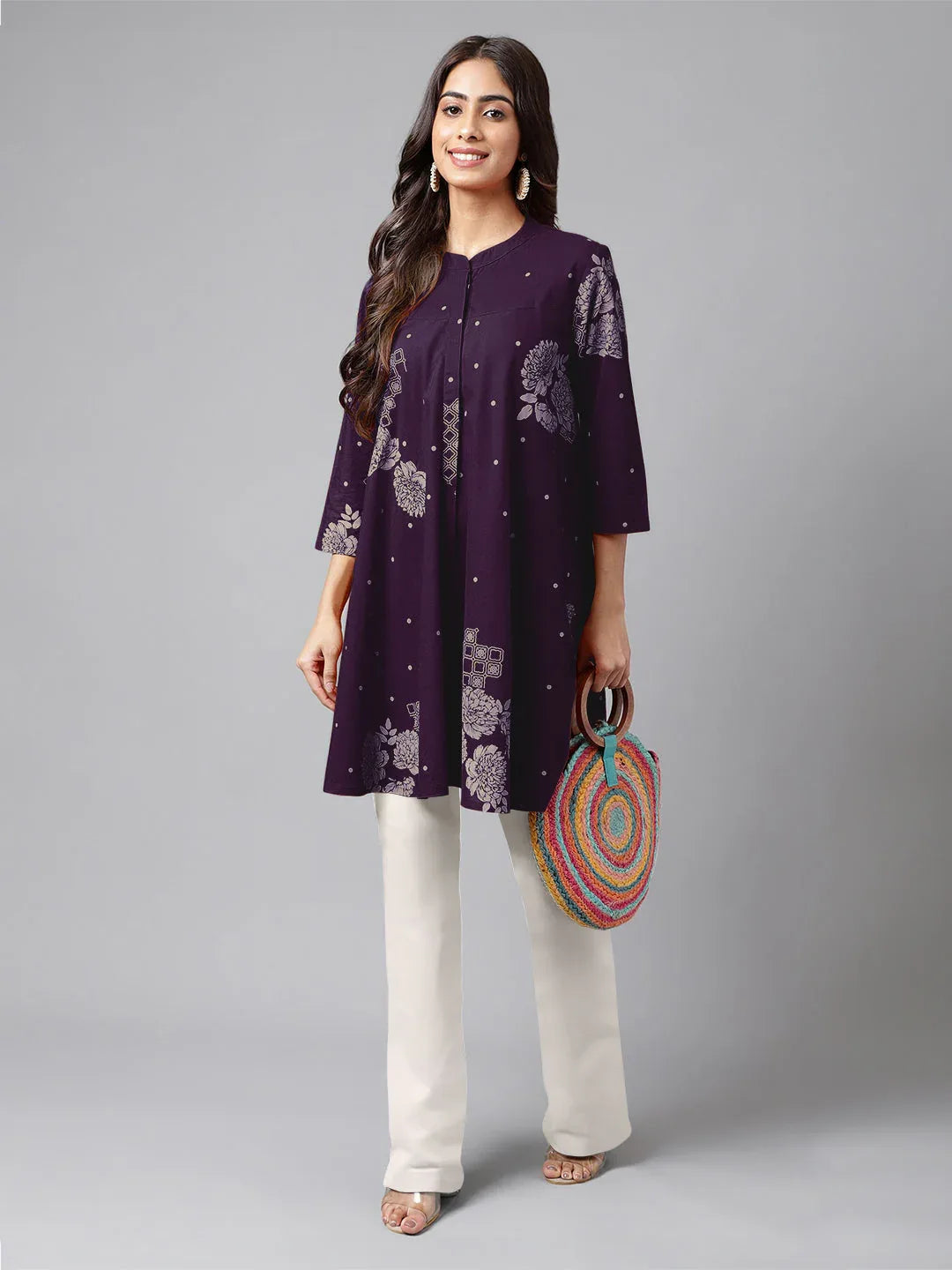 Purple Pure Cotton Floral Printed Flared Tunic Qivii Online Purple Pure Cotton Floral Printed Flared Tunic Qivii Online