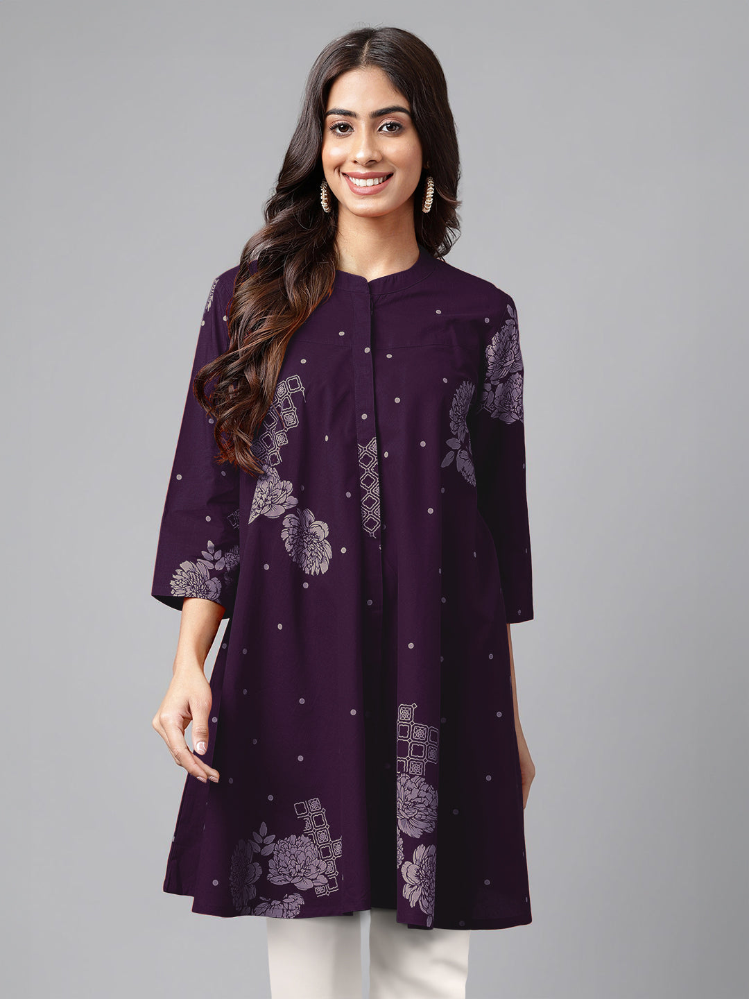 Purple Pure Cotton Floral Printed Flared Tunic - qivii