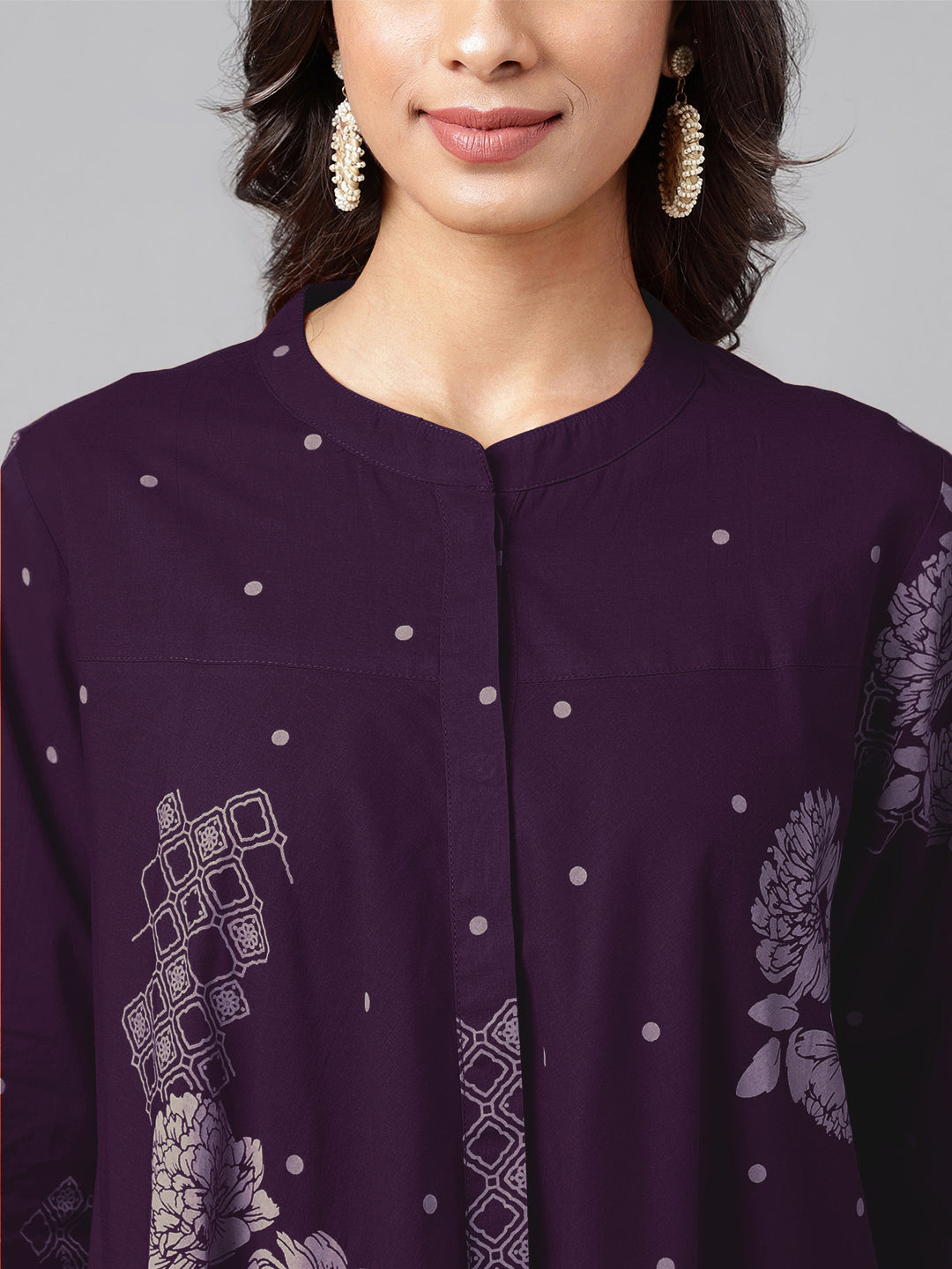 Purple Pure Cotton Floral Printed Flared Tunic - qivii