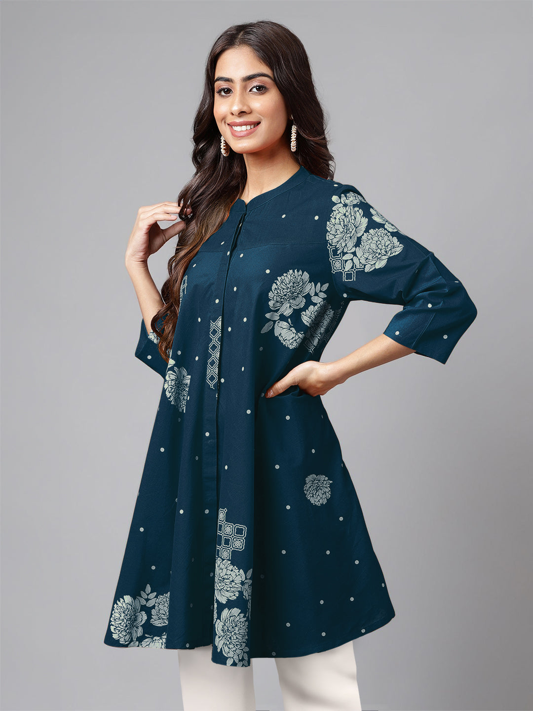Teal Blue Pure Cotton Floral Printed Flared Tunic - qivii