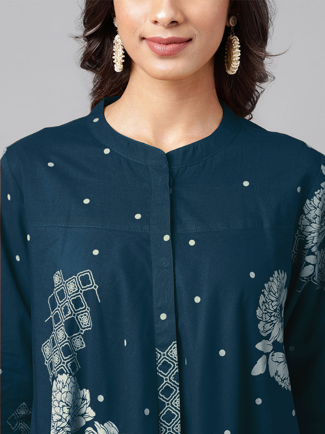 Teal Blue Pure Cotton Floral Printed Flared Tunic - qivii