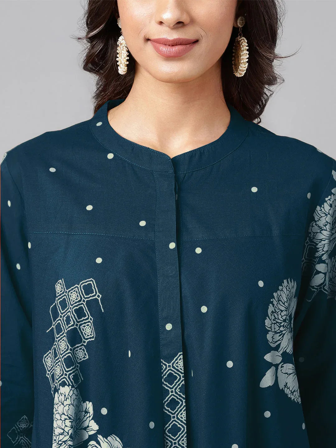 Teal Blue Pure Cotton Floral Printed Flared Tunic