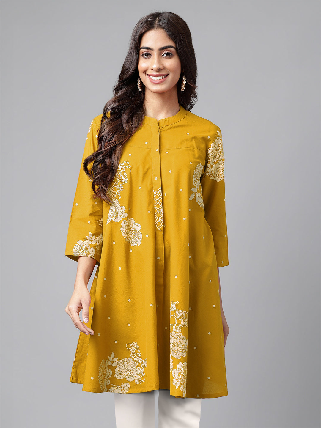 Mustard Pure Cotton Floral Printed Flared Tunic - qivii