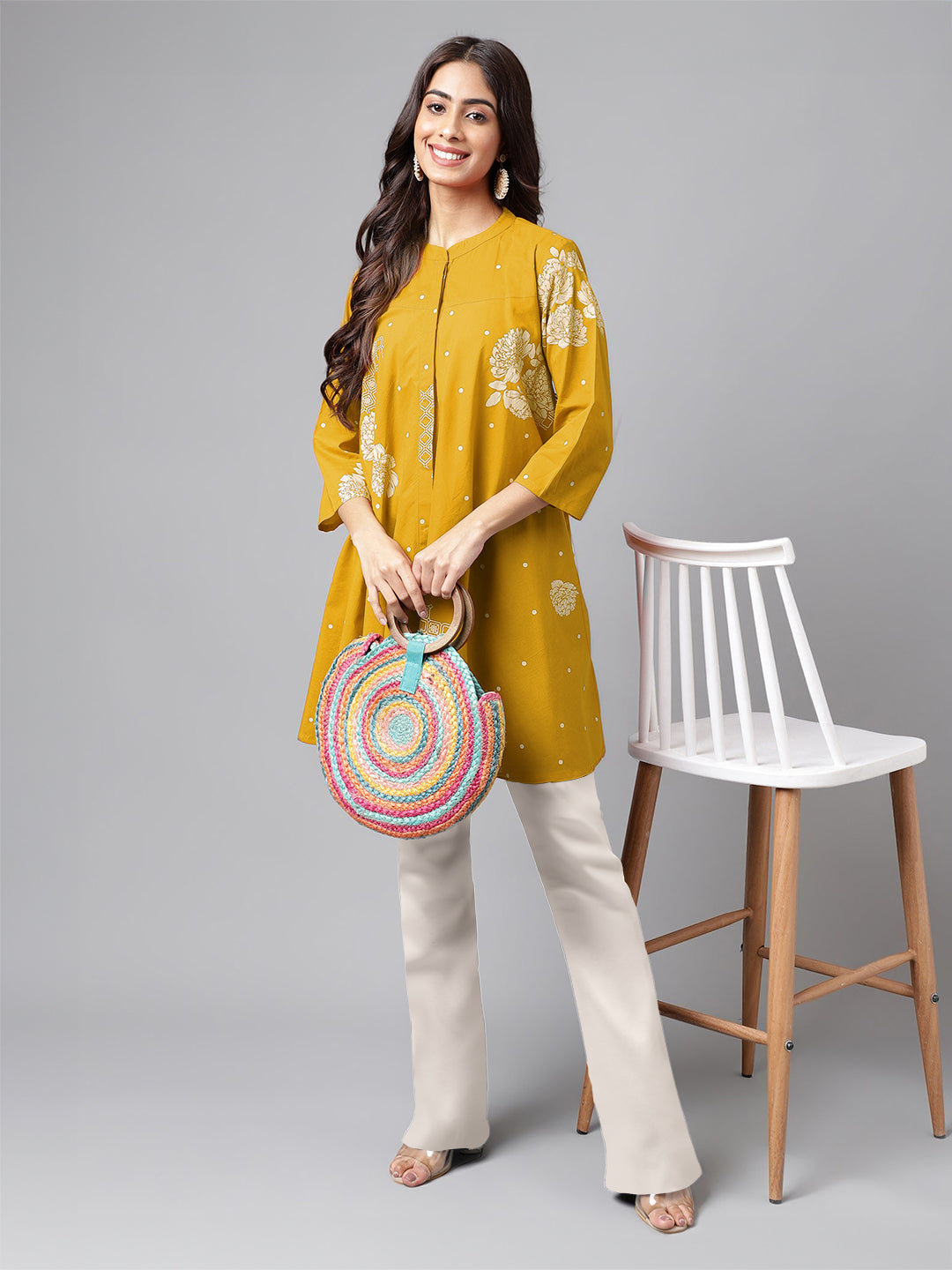Mustard Pure Cotton Floral Printed Flared Tunic - qivii
