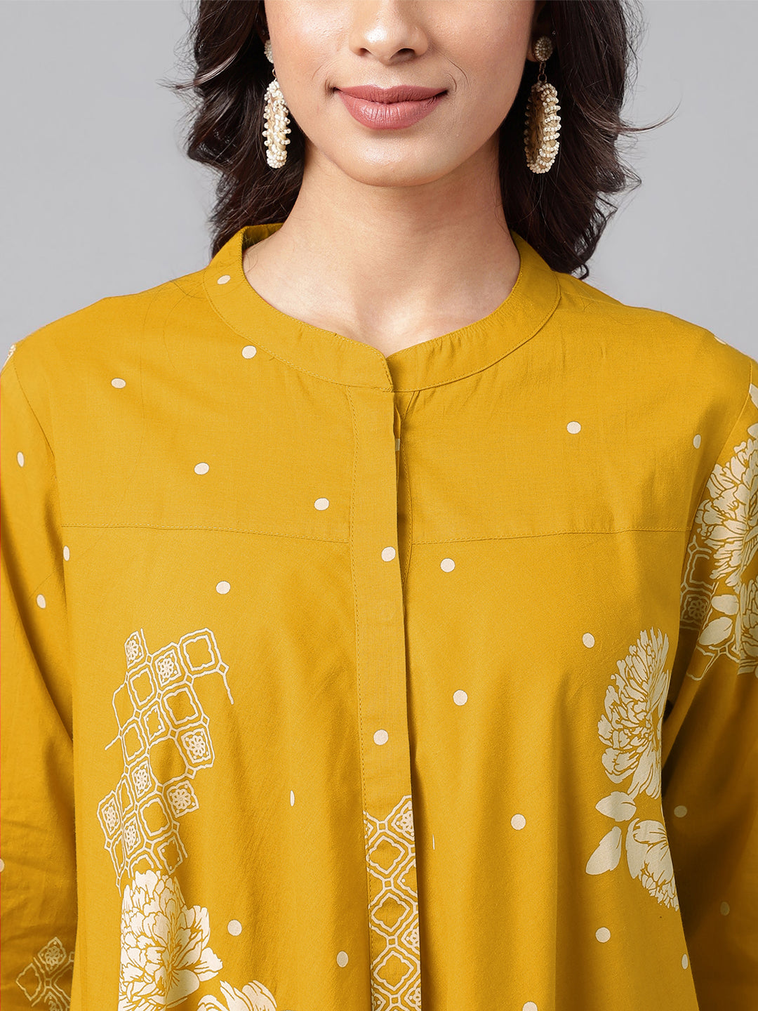 Mustard Pure Cotton Floral Printed Flared Tunic - qivii