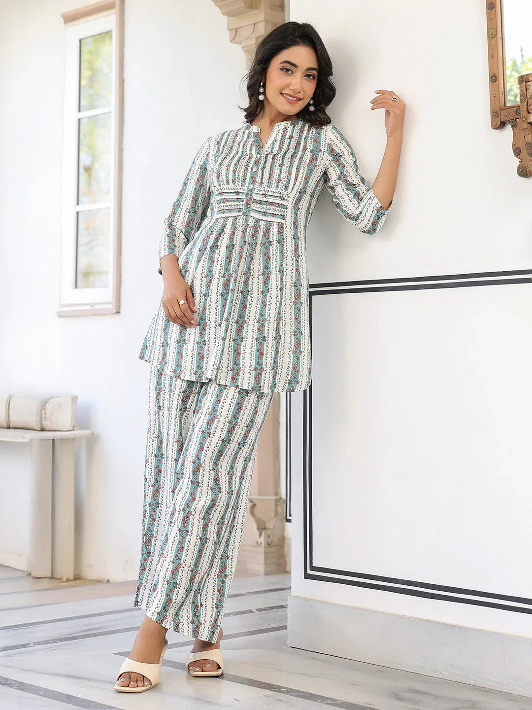 White Pure Cotton Floral Printed A-line Co-ord Set