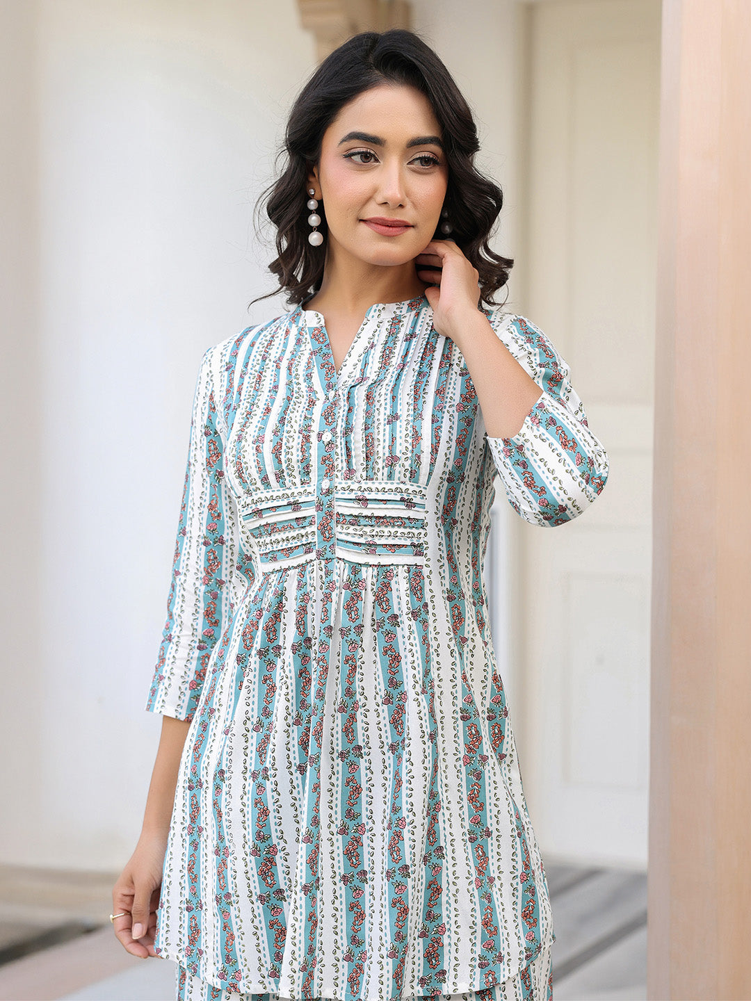 White Pure Cotton Floral Printed A-line Co-ord Set - qivii