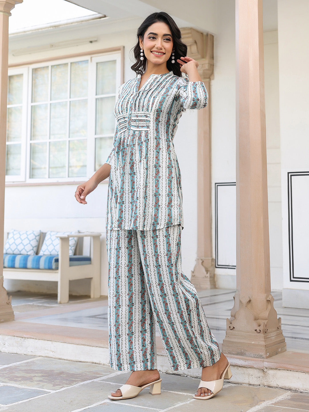 White Pure Cotton Floral Printed A-line Co-ord Set - qivii