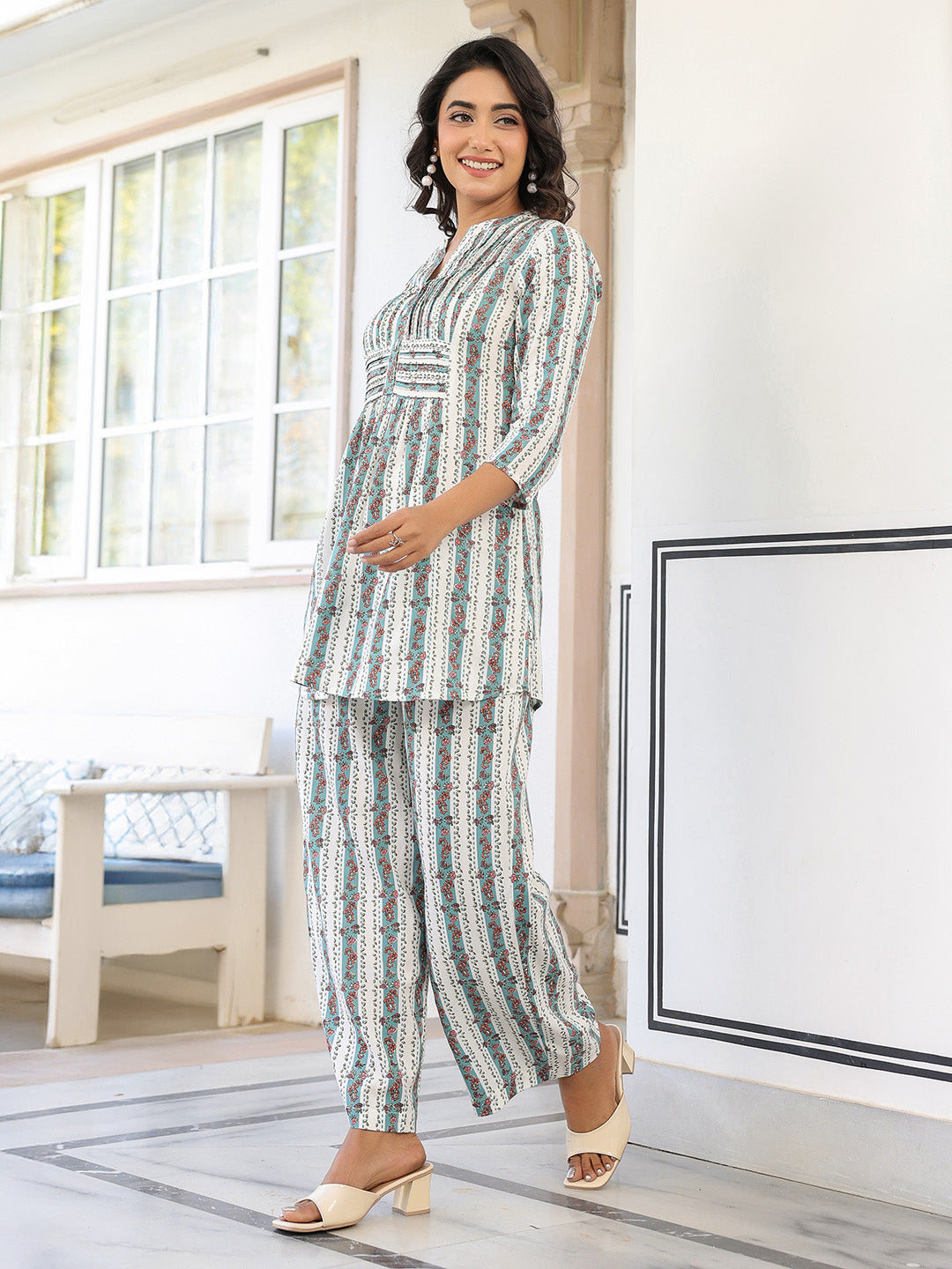 White Pure Cotton Floral Printed A-line Co-ord Set - qivii