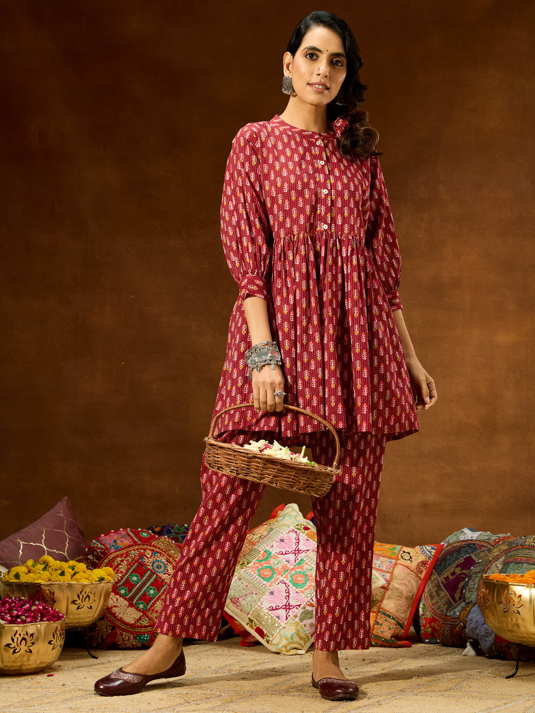 Janasya Women's Maroon Pure Cotton Ethnic Motifs Printed Peplum Co-ord Set - qivii