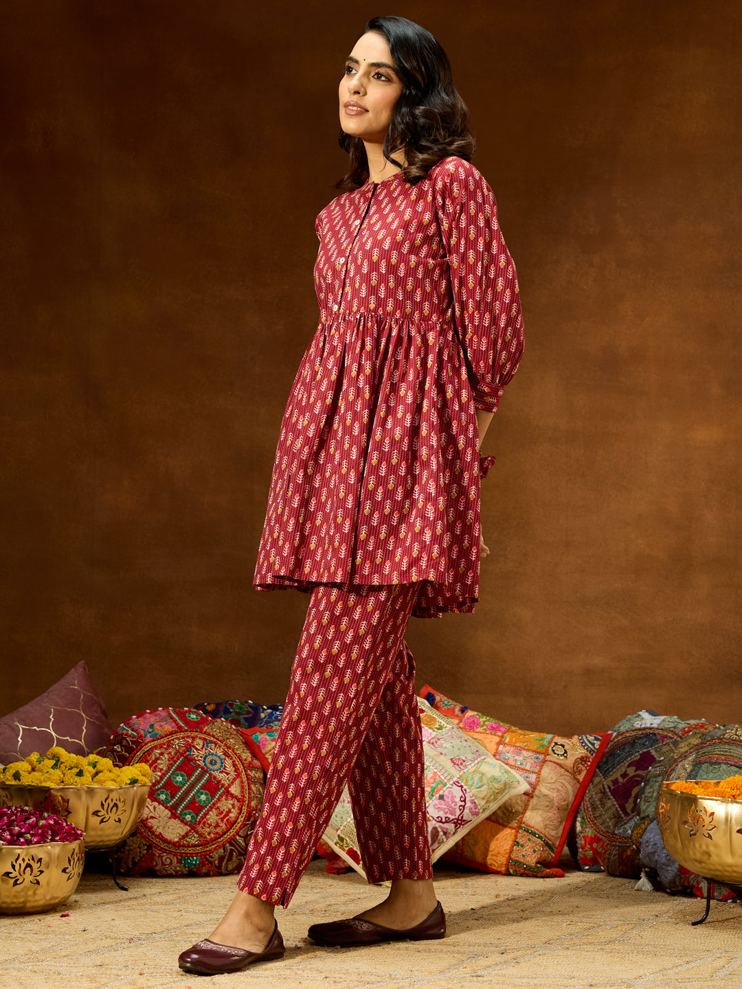 Janasya Women's Maroon Pure Cotton Ethnic Motifs Printed Peplum Co-ord Set - qivii