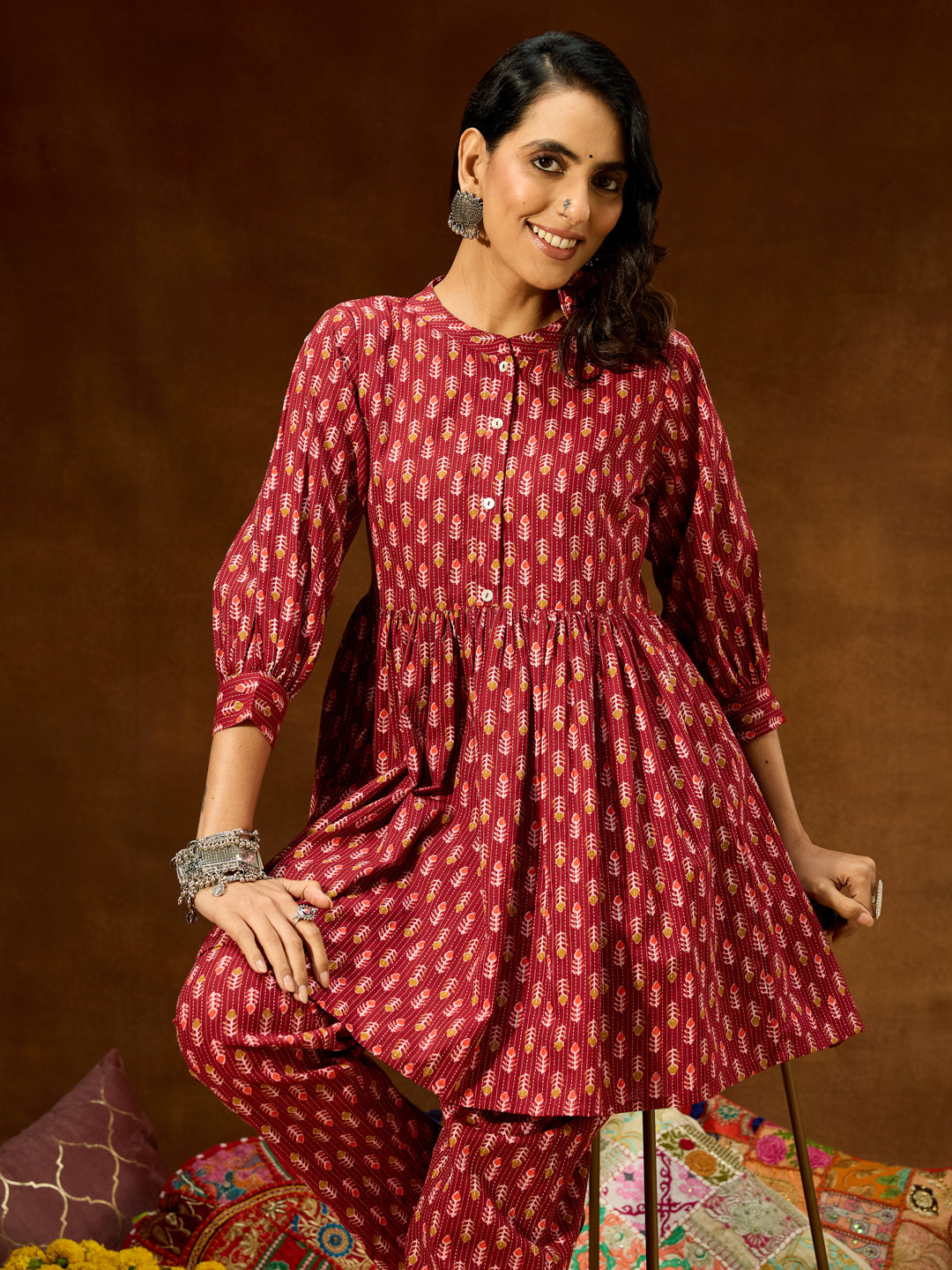 Janasya Women's Maroon Pure Cotton Ethnic Motifs Printed Peplum Co-ord Set - qivii