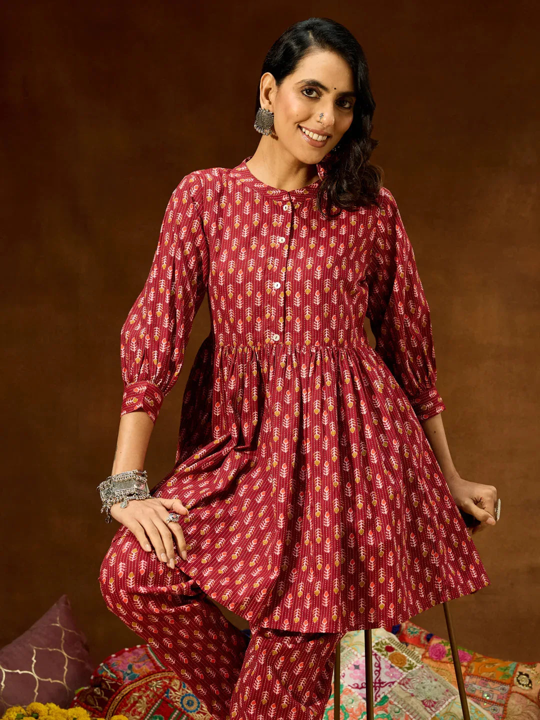 Janasya Women's Maroon Pure Cotton Ethnic Motifs Printed Peplum Co-ord Set