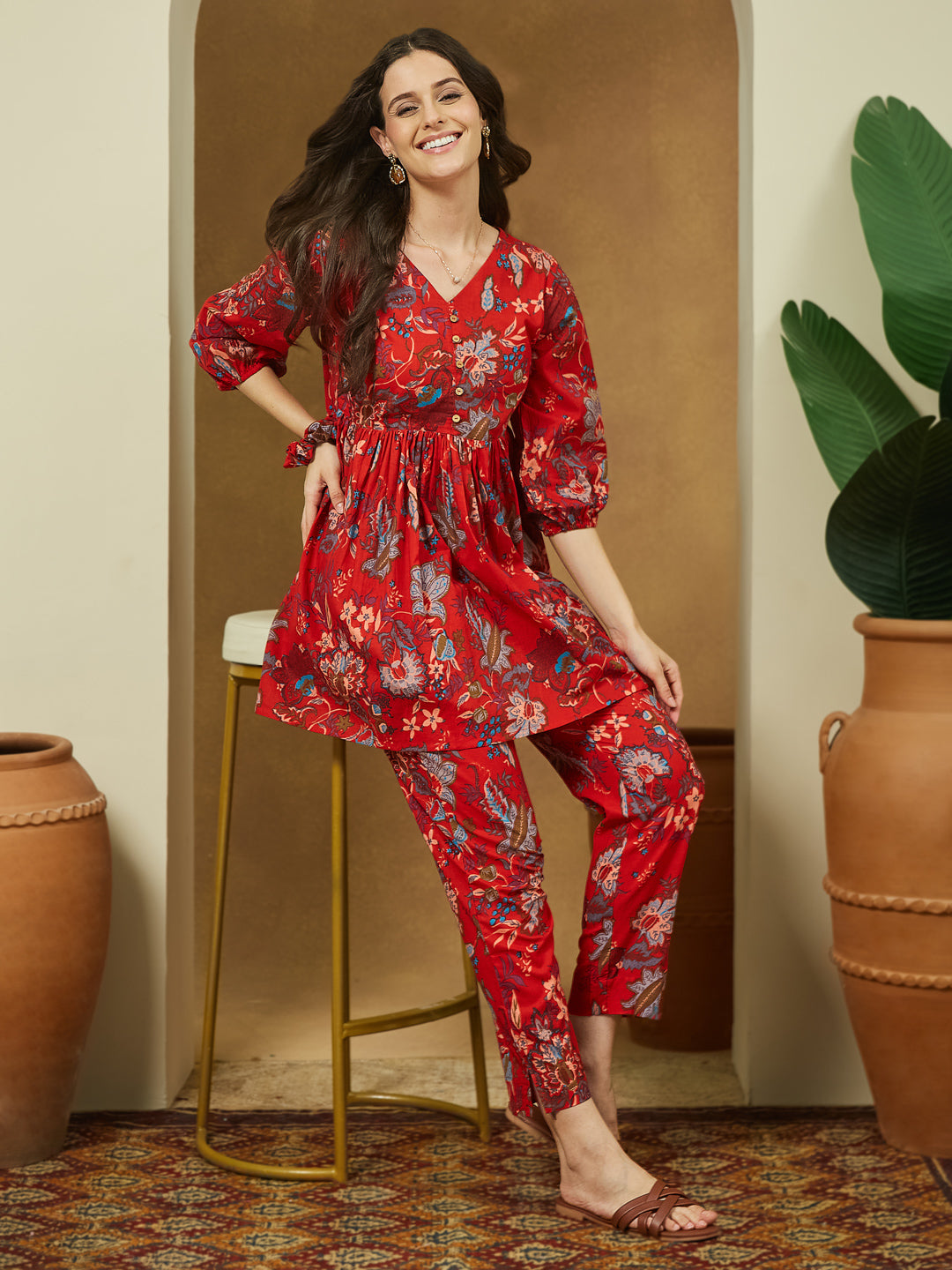 Janasya Women's Red Pure Cotton Floral Printed Peplum Co-ord Set - qivii