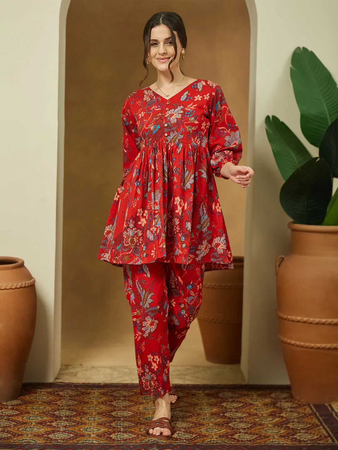 Janasya Women's Red Pure Cotton Floral Printed Peplum Co-ord Set