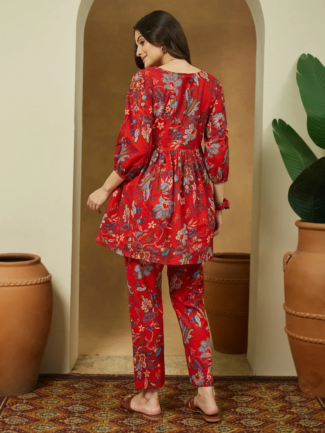 Janasya Women's Red Pure Cotton Floral Printed Peplum Co-ord Set