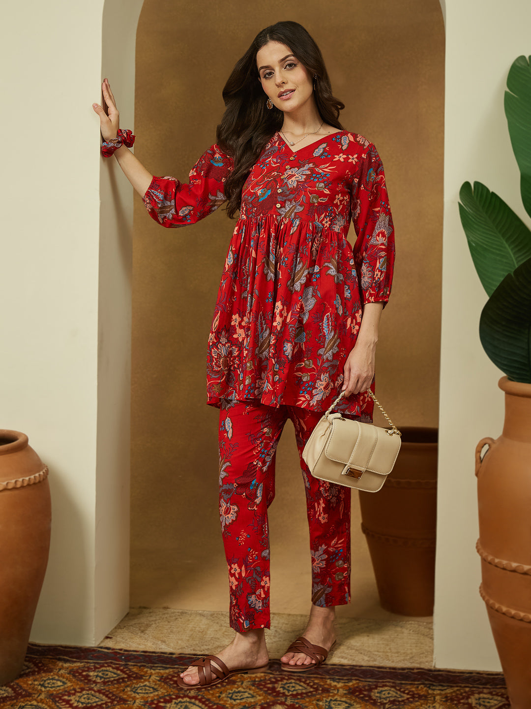 Janasya Women's Red Pure Cotton Floral Printed Peplum Co-ord Set - qivii