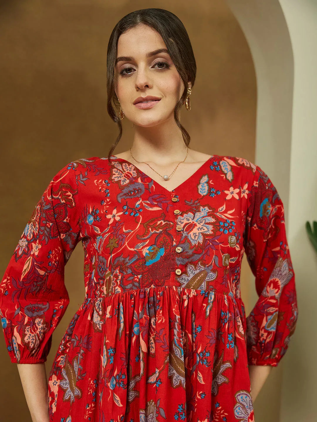 Janasya Women's Red Pure Cotton Floral Printed Peplum Co-ord Set