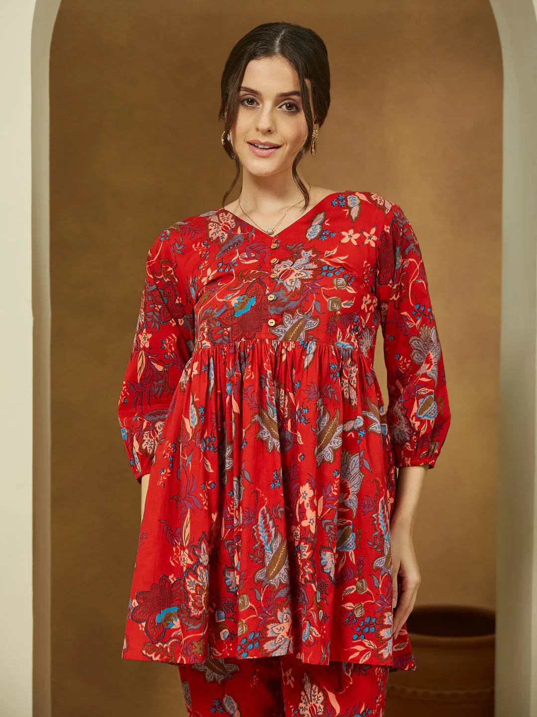 Janasya Women's Red Pure Cotton Floral Printed Peplum Co-ord Set