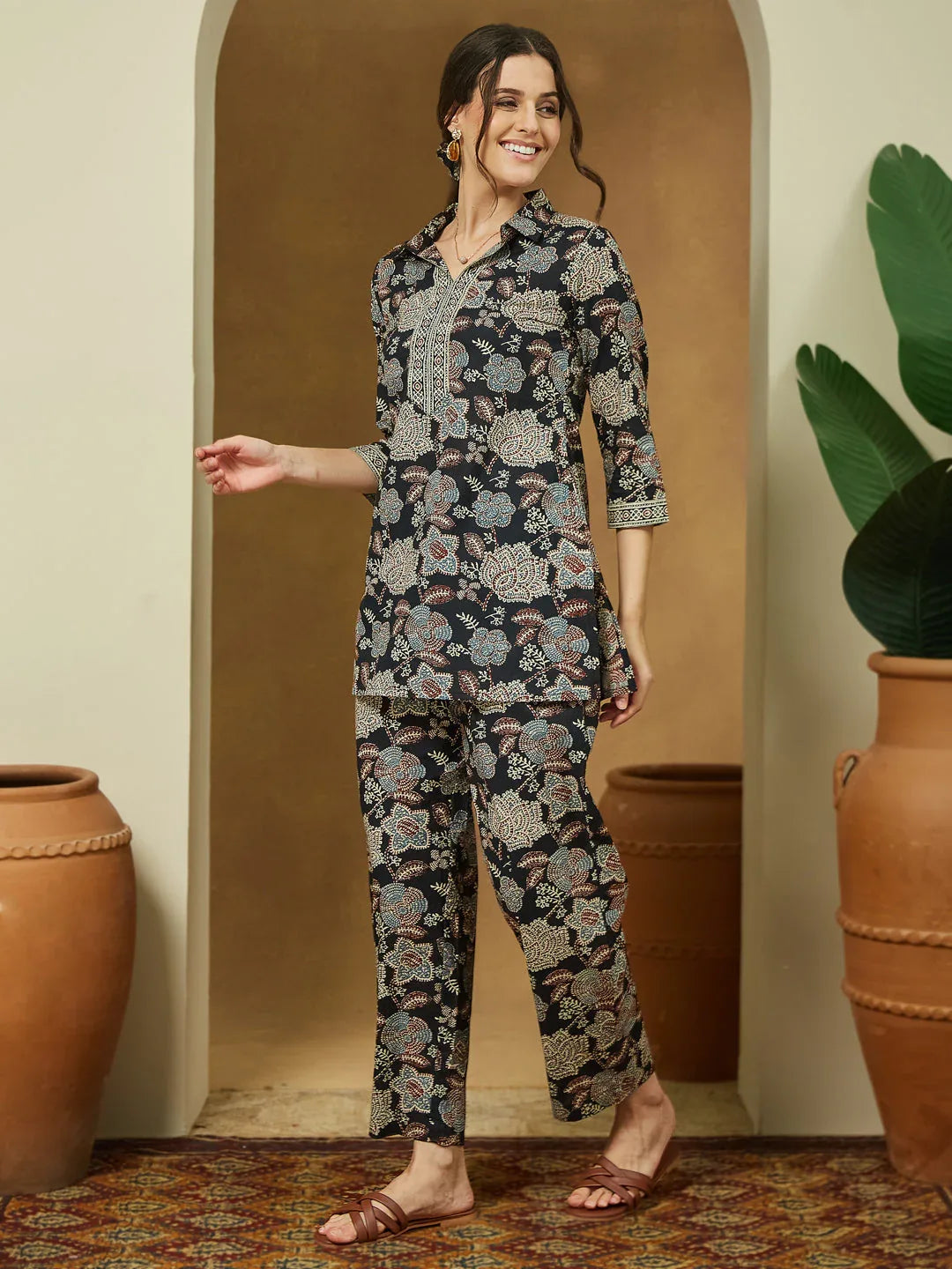 Janasya Women's Black Pure Cotton Floral Printed Straight Co-ord Set