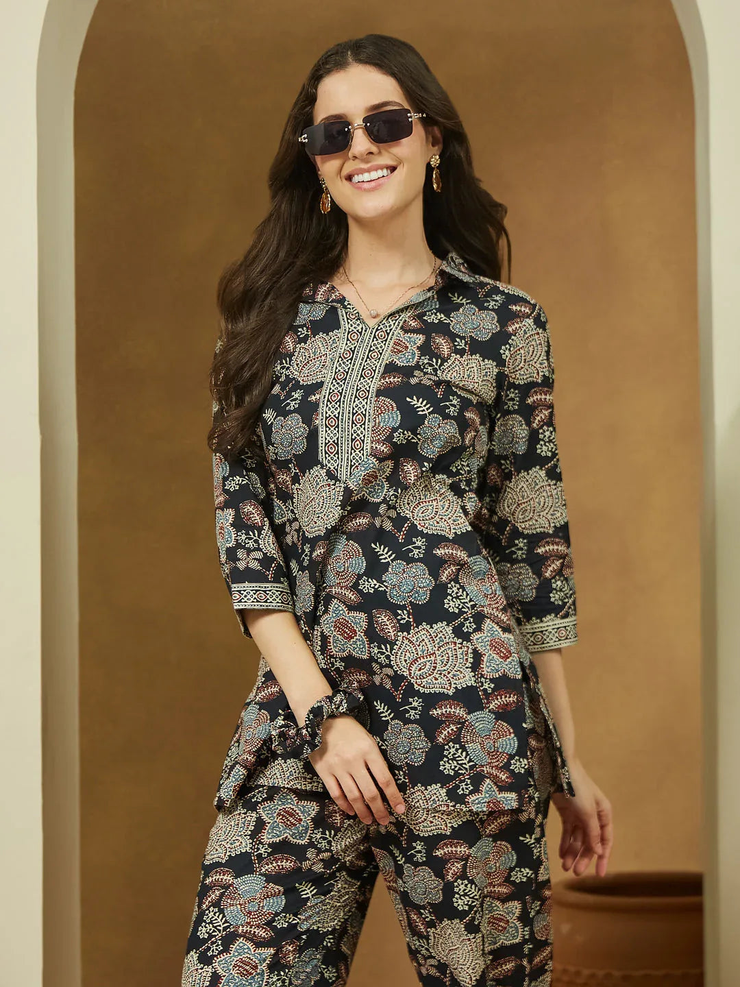 Janasya Women's Black Pure Cotton Floral Printed Straight Co-ord Set
