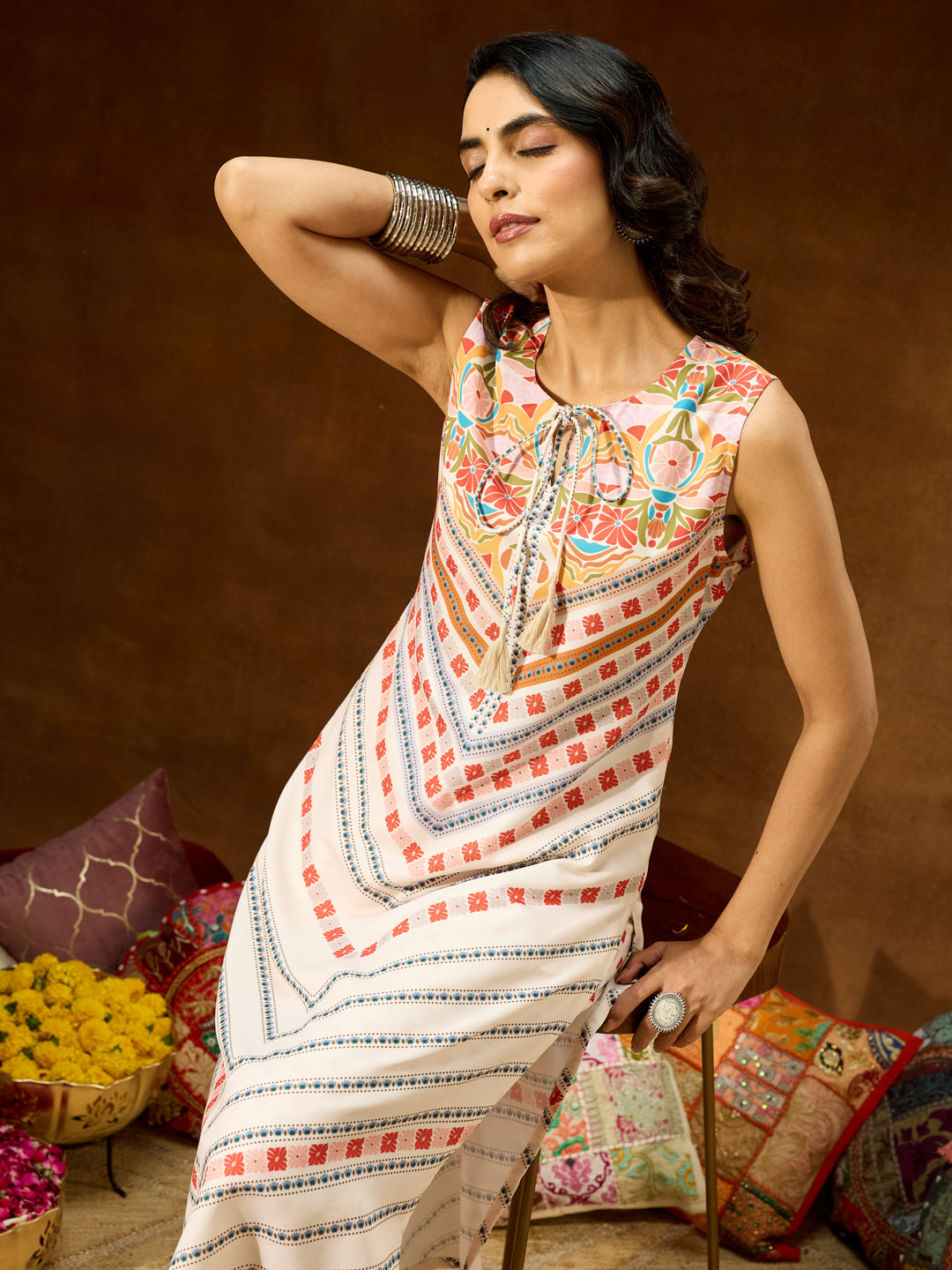 Janasya Women's Cream Cotton Blend Floral Printed Straight Co-ord Set