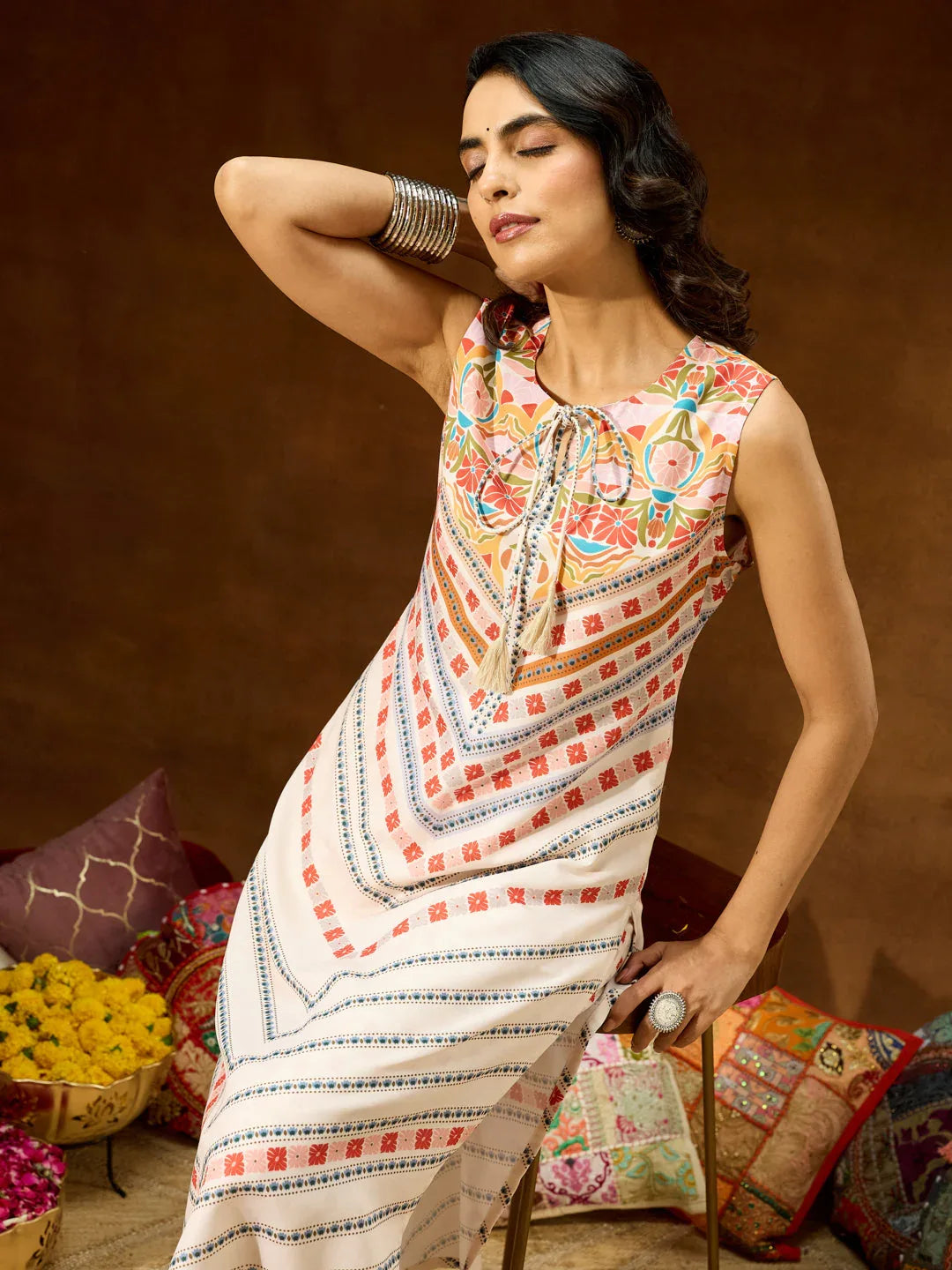 Janasya Women's Cream Cotton Blend Floral Printed Straight Co-ord Set