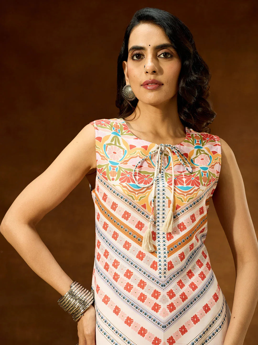 Janasya Women's Cream Cotton Blend Floral Printed Straight Co-ord Set