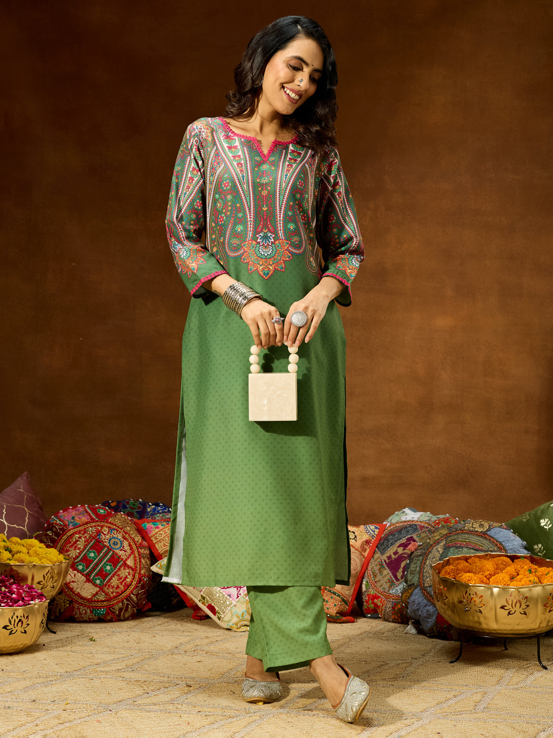 Janasya Women's Green Cotton Blend Printed Straight Co-ord Set