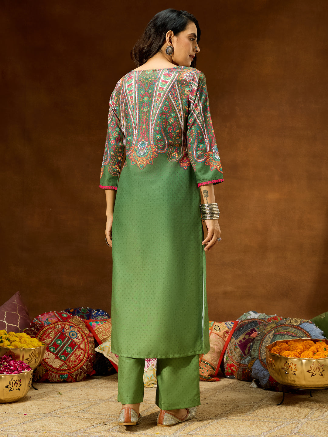 Janasya Women's Green Cotton Blend Printed Straight Co-ord Set