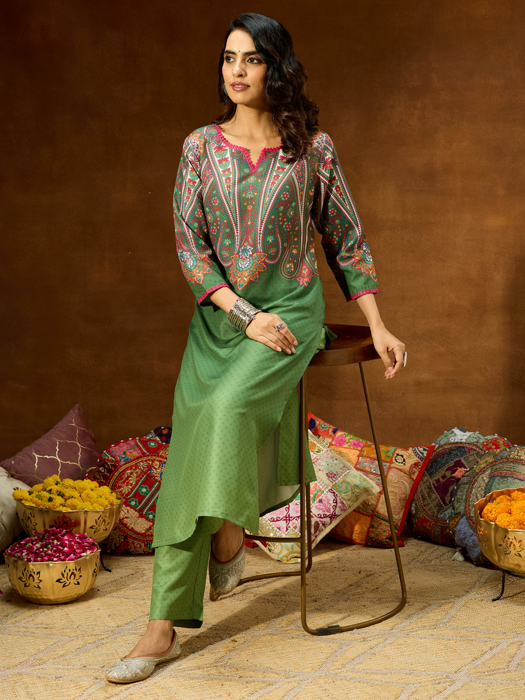 Janasya Women's Green Cotton Blend Printed Straight Co-ord Set