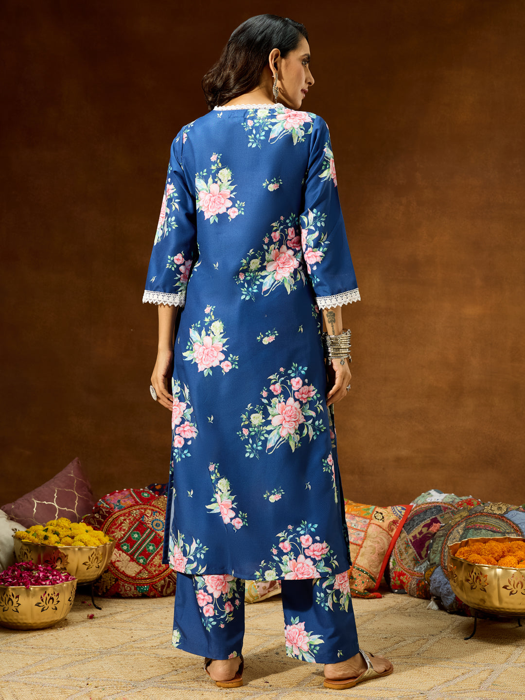Janasya Women's Blue Cotton Blend Floral Printed Straight Co-ord Set