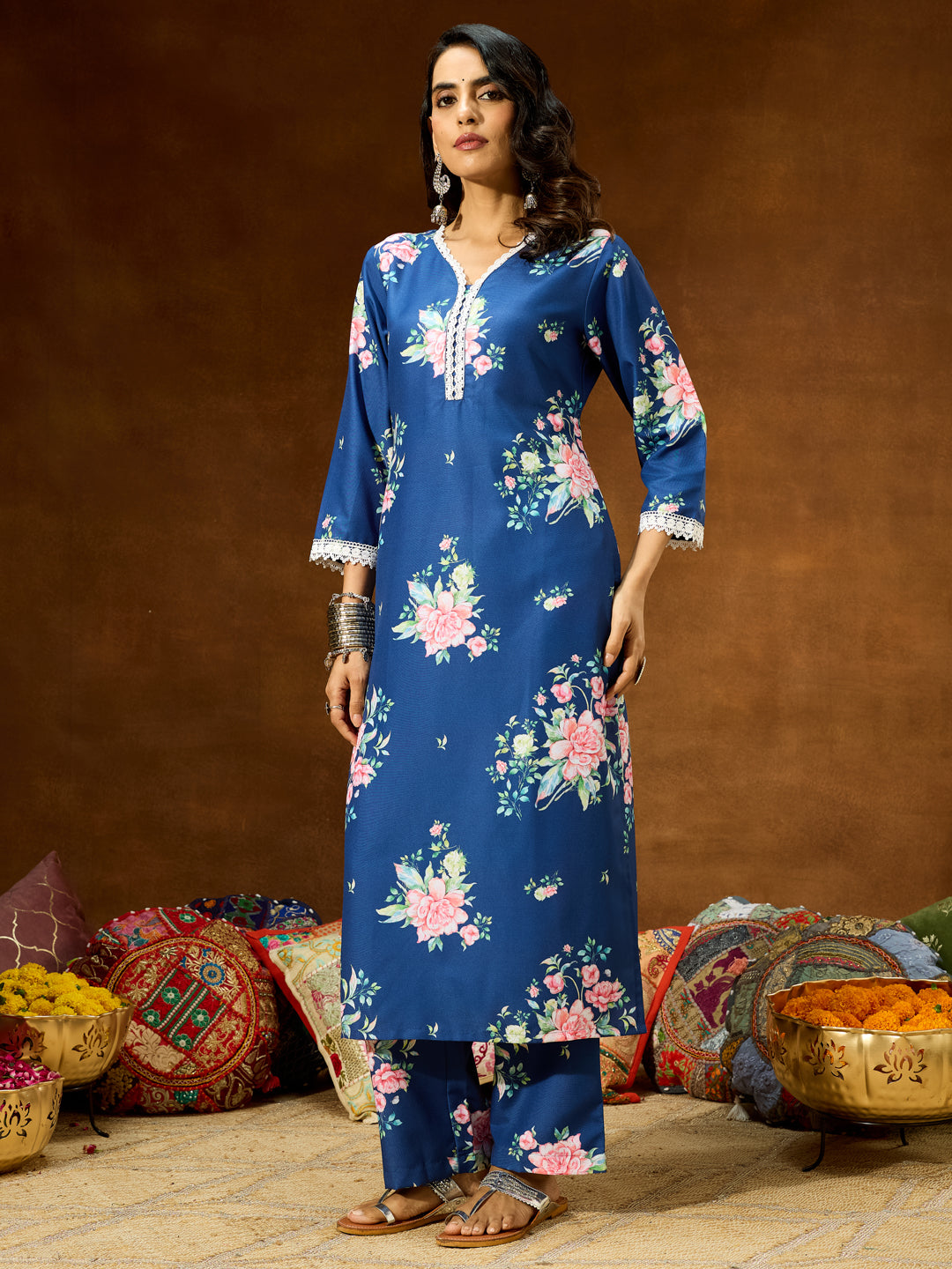 Janasya Women's Blue Cotton Blend Floral Printed Straight Co-ord Set
