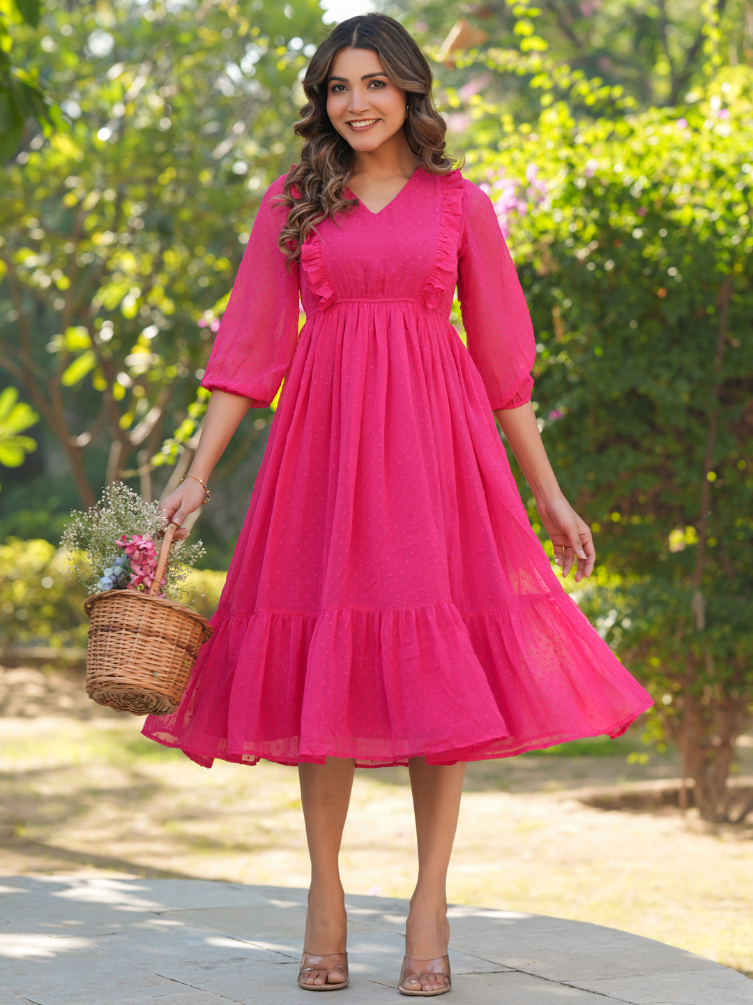 Pink Dobby Chiffon Self Design Fit & Flare Dress - qivii