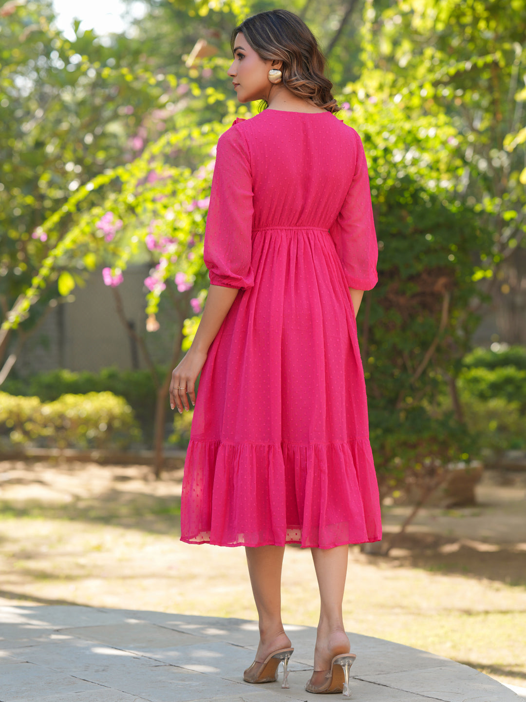 Pink Dobby Chiffon Self Design Fit & Flare Dress - qivii